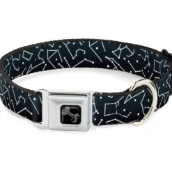 Dog Bone Black/Silver Seatbelt Buckle Collar - Constellations Scattered Midnight Blue/White
