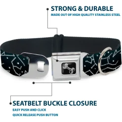 Dog Bone Black/Silver Seatbelt Buckle Collar - Constellations Scattered Midnight Blue/White