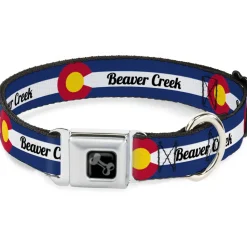 Dog Bone Black/Silver Seatbelt Buckle Collar - Colorado BEAVER CREEK Flag Blue/White/Red/Yellow