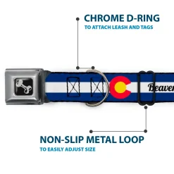 Dog Bone Black/Silver Seatbelt Buckle Collar - Colorado BEAVER CREEK Flag Blue/White/Red/Yellow