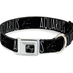 Dog Bone Black/Silver Seatbelt Buckle Collar - Zodiac AQUARIUS/Constellation Black/White
