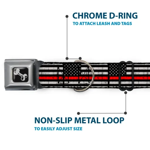 Dog Bone Black/Silver Seatbelt Buckle Collar - Thin Red Line Flag Weathered Black/Gray/Red