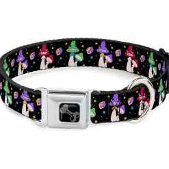 Dog Bone Black/Silver Seatbelt Buckle Collar - Happy Mushrooms with Stars Black/Multi Color