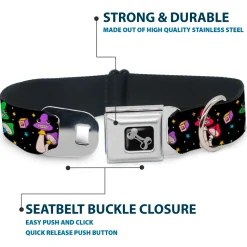 Dog Bone Black/Silver Seatbelt Buckle Collar - Happy Mushrooms with Stars Black/Multi Color