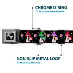 Dog Bone Black/Silver Seatbelt Buckle Collar - Happy Mushrooms with Stars Black/Multi Color