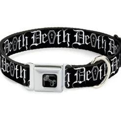 Dog Bone Black/Silver Seatbelt Buckle Collar - DEATH w/Coffin Old English Black/White