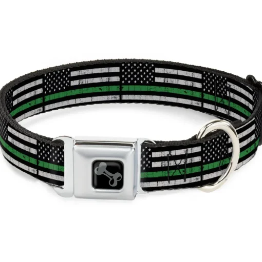 Dog Bone Black/Silver Seatbelt Buckle Collar - Thin Green Line Flag Weathered Black/Gray/Green