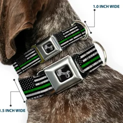 Dog Bone Black/Silver Seatbelt Buckle Collar - Thin Green Line Flag Weathered Black/Gray/Green