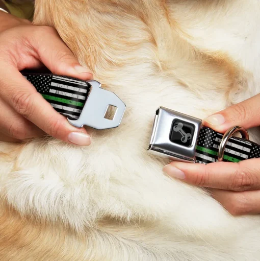 Dog Bone Black/Silver Seatbelt Buckle Collar - Thin Green Line Flag Weathered Black/Gray/Green