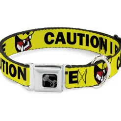 Dog Bone Black/Silver Seatbelt Buckle Collar - Pet Quote CAUTION I BITE/Dog Growl Yellow/Black