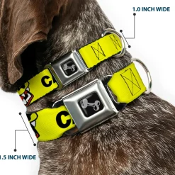 Dog Bone Black/Silver Seatbelt Buckle Collar - Pet Quote CAUTION I BITE/Dog Growl Yellow/Black