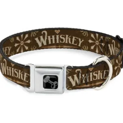 Dog Bone Black/Silver Seatbelt Buckle Collar - Western WHISKEY Heart Repeat Browns/Tan