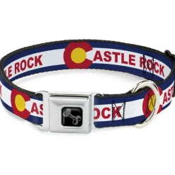 Dog Bone Black/Silver Seatbelt Buckle Collar - Colorado CASTLE ROCK Flag Blue/White/Red/Yellows