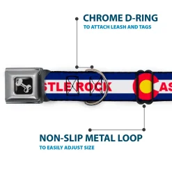 Dog Bone Black/Silver Seatbelt Buckle Collar - Colorado CASTLE ROCK Flag Blue/White/Red/Yellows