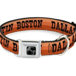Dog Bone Black/Silver Seatbelt Buckle Collar - Dallas-Raleigh-Tennessee-Austin-Boston Stripes Browns/Black