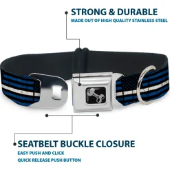 Dog Bone Black/Silver Seatbelt Buckle Collar - Thin White Line Flag Weathered Black/Blue/White