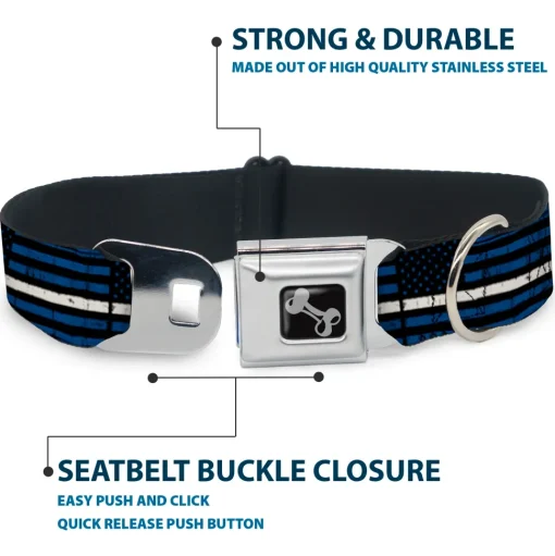 Dog Bone Black/Silver Seatbelt Buckle Collar - Thin White Line Flag Weathered Black/Blue/White
