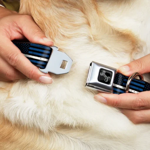 Dog Bone Black/Silver Seatbelt Buckle Collar - Thin White Line Flag Weathered Black/Blue/White