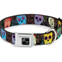 Dog Bone Black/Silver Seatbelt Buckle Collar - Painted Sugar Skulls & Flowers Collage