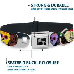 Dog Bone Black/Silver Seatbelt Buckle Collar - Painted Sugar Skulls & Flowers Collage