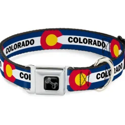 Dog Bone Black/Silver Seatbelt Buckle Collar - COLORADO Text Flag Blue/White/Red/Yellow