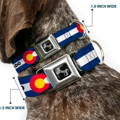 Dog Bone Black/Silver Seatbelt Buckle Collar - COLORADO Text Flag Blue/White/Red/Yellow