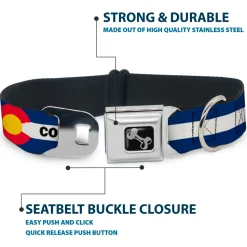Dog Bone Black/Silver Seatbelt Buckle Collar - COLORADO Text Flag Blue/White/Red/Yellow