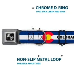 Dog Bone Black/Silver Seatbelt Buckle Collar - COLORADO Text Flag Blue/White/Red/Yellow