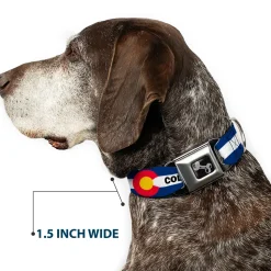 Dog Bone Black/Silver Seatbelt Buckle Collar - COLORADO Text Flag Blue/White/Red/Yellow