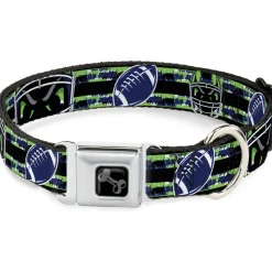 Dog Bone Black/Silver Seatbelt Buckle Collar - Football/Helmet Stripe Black/Neon Green/Blue