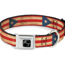 Dog Bone Black/Silver Seatbelt Buckle Collar - Puerto Rico Flag Continuous Vintage