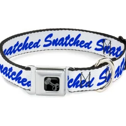 Dog Bone Black/Silver Seatbelt Buckle Collar - SNATCHED Script White/Blue