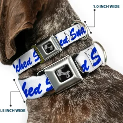 Dog Bone Black/Silver Seatbelt Buckle Collar - SNATCHED Script White/Blue