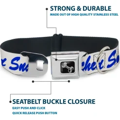 Dog Bone Black/Silver Seatbelt Buckle Collar - SNATCHED Script White/Blue