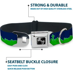 Dog Bone Black/Silver Seatbelt Buckle Collar - Seattle Skyline Navy/Gray/Green
