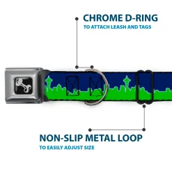 Dog Bone Black/Silver Seatbelt Buckle Collar - Seattle Skyline Navy/Gray/Green