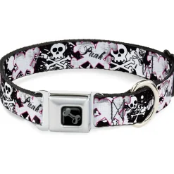 Dog Bone Black/Silver Seatbelt Buckle Collar - Punk Heart & Cross Bones w/Skulls & Splatter Black/White