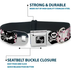 Dog Bone Black/Silver Seatbelt Buckle Collar - Punk Heart & Cross Bones w/Skulls & Splatter Black/White