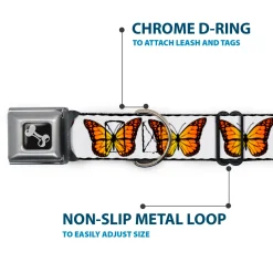 Dog Bone Black/Silver Seatbelt Buckle Collar - Monarch Butterfly Repeat White
