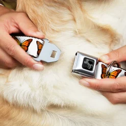 Dog Bone Black/Silver Seatbelt Buckle Collar - Monarch Butterfly Repeat White