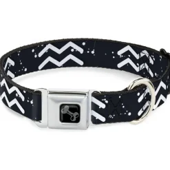 Dog Bone Black/Silver Seatbelt Buckle Collar - Zodiac Aquarius Symbol/Constellations Black/White