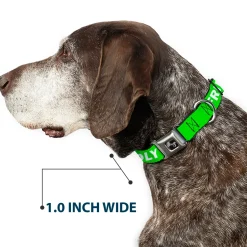 Dog Bone Black/Silver Seatbelt Buckle Collar - Pet Quote FRIENDLY Green/White