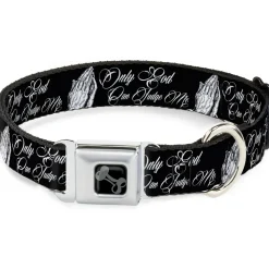 Dog Bone Black/Silver Seatbelt Buckle Collar - ONLY GOD CAN JUDGE ME Script/Praying Hands Black/White