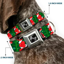Dog Bone Black/Silver Seatbelt Buckle Collar - Snowy Holly Stripe Reds/White/Greens