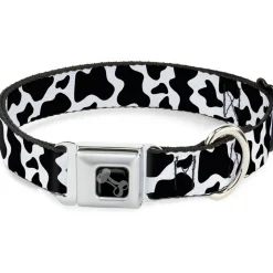 Dog Bone Black/Silver Seatbelt Buckle Collar - Cow Pattern Print White/Black