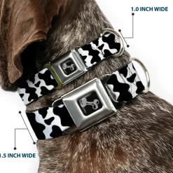 Dog Bone Black/Silver Seatbelt Buckle Collar - Cow Pattern Print White/Black