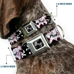 Dog Bone Black/Silver Seatbelt Buckle Collar - Punk Heart & Cross Bones w/Splatter Black/White