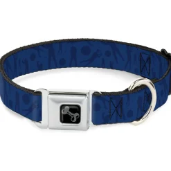 Dog Bone Black/Silver Seatbelt Buckle Collar - Golfing Silhouettes Collage Blues
