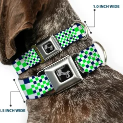 Dog Bone Black/Silver Seatbelt Buckle Collar - Checker Blocks White/Navy/Neon Green