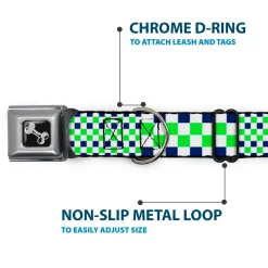 Dog Bone Black/Silver Seatbelt Buckle Collar - Checker Blocks White/Navy/Neon Green